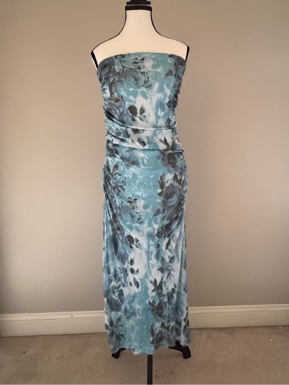 Free People Strapless Teal Blue Floral Maxi Dress